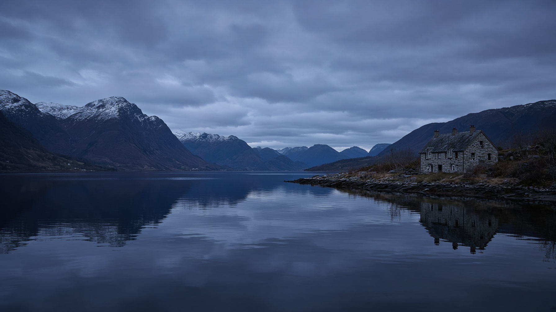 A northern fjord at blue hour, a distant stone house on the shore